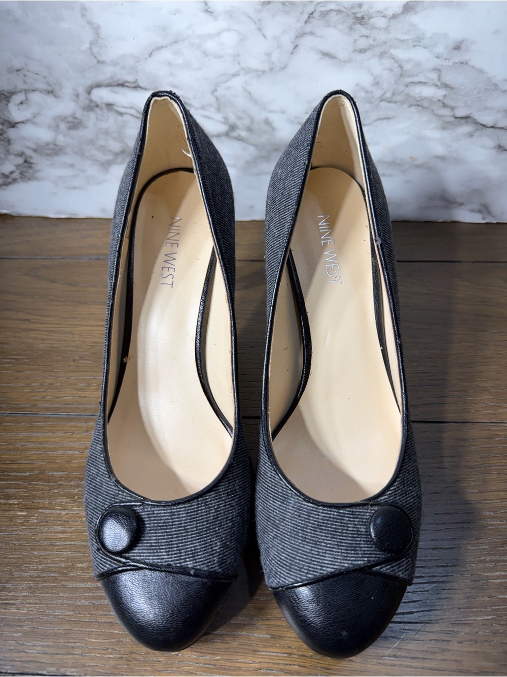 Nine West Women's Agne Gray Tweed Fabric Pumps Heels Round Toe Size 8 Preppy